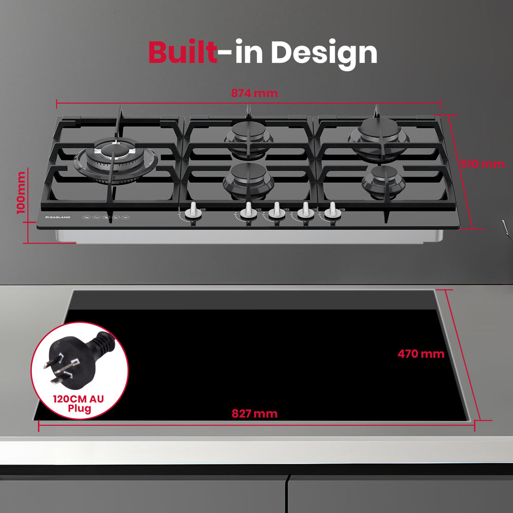 GASLAND GASLAND 90cm 5 Burner Black Tempered Glass Side Tri-ring Burner Gas Cooktop With Griddle
