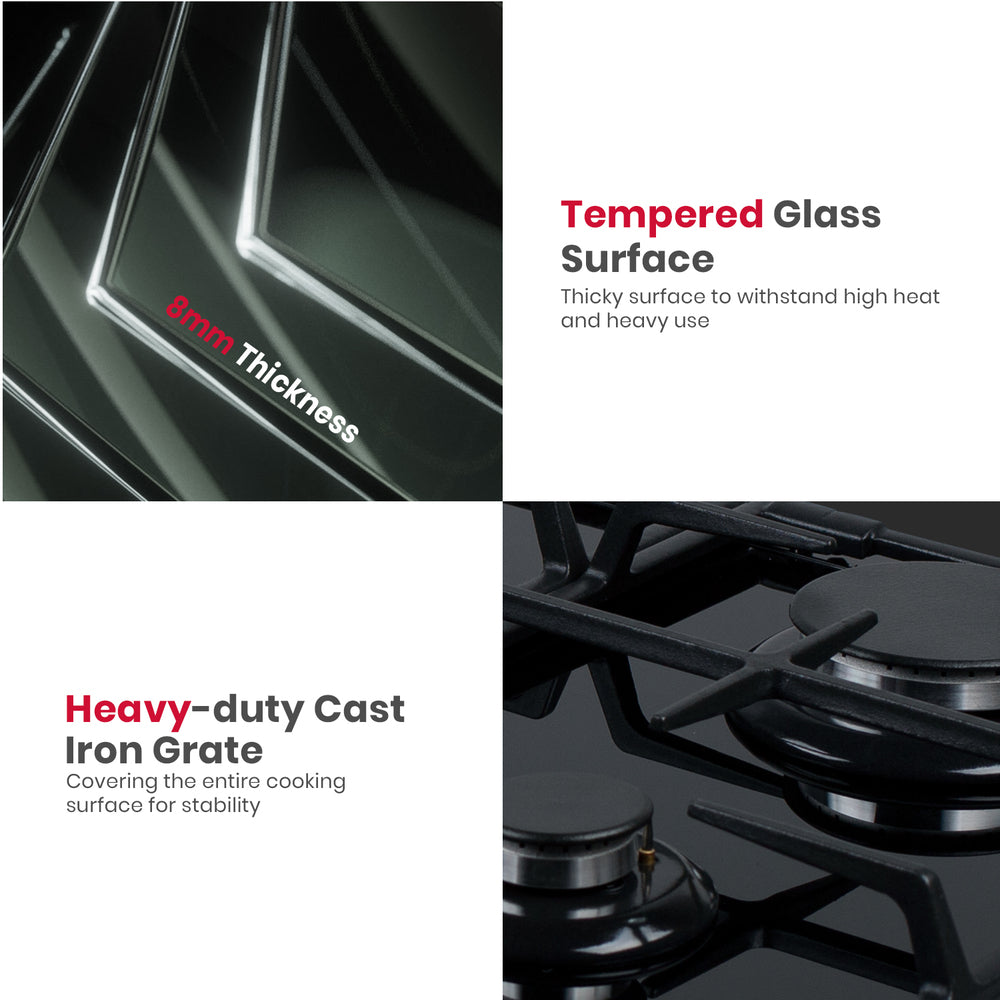 GASLAND GASLAND 90cm 5 Burner Black Tempered Glass Side Tri-ring Burner Gas Cooktop With Griddle