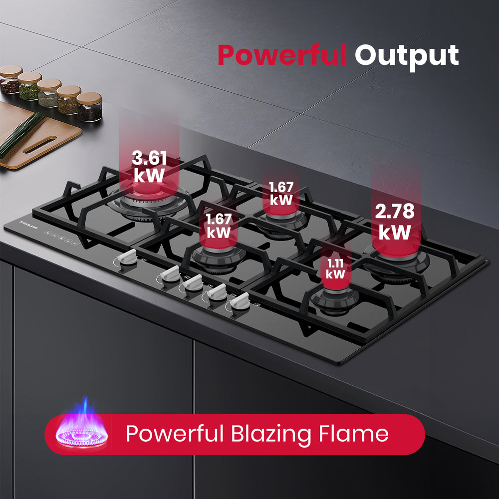 GASLAND GASLAND 90cm 5 Burner Black Tempered Glass Side Tri-ring Burner Gas Cooktop With Griddle
