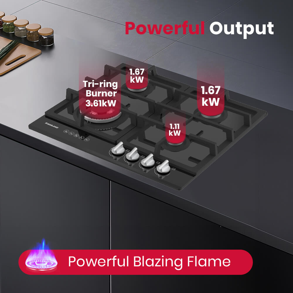 GASLAND GASLAND 60cm 4 Burner Black Tempered Glass Tri-ring Gas Cooktop