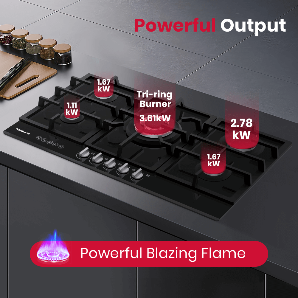 GASLAND GASLAND 90cm 5 Burner Black Tempered Glass Tri-ring Gas Cooktop