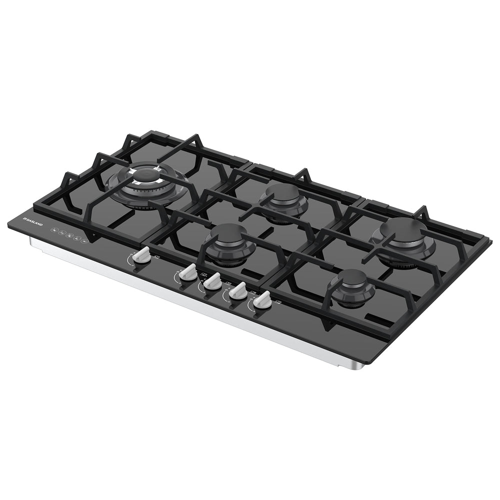 GASLAND GASLAND 90cm 5 Burner Black Tempered Glass Side Tri-ring Burner Gas Cooktop With Griddle