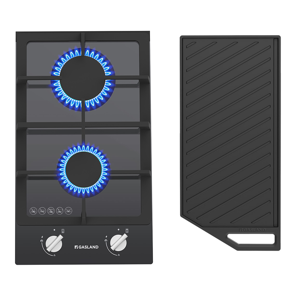 GASLAND GASLAND 30cm 2 Burner Black Tempered Glass Gas Cooktop With Griddle